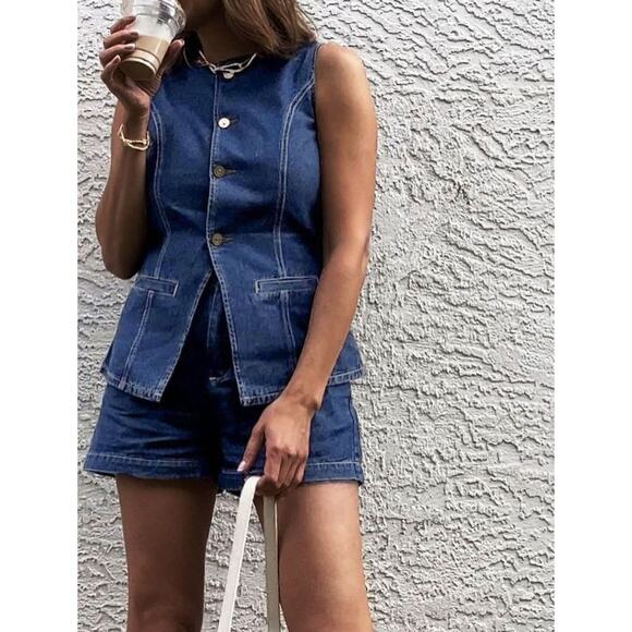 Commense Cotton Blue Denim Peplum Vest Shorts Set Old Money Casual Medium - Picture 2 of 7